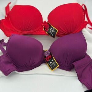 (2) LACY Brand  34A Bra - Style 82537- Wire - Padded -Red/Purple - New With Tags
